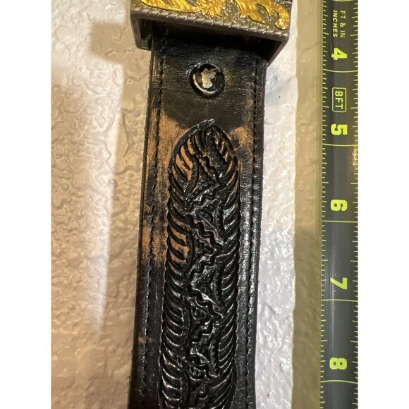 Vtg Western Tooled Leather Belt Silver & Gold Star Conchos Black Sz 38 Unisex - Picture 5 of 14